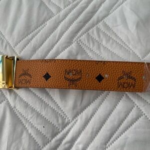 MCM Cognac Leather Belt with Gold-Tone Buckle